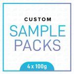 Image of a product label that reads "Custom Sample Pack - 4 x 100" in blue and purple text on a white background.