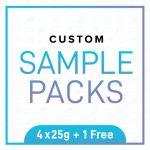 Image displaying the text: "Custom Sample Pack - 4 x 25 + 1 FREE" in bold letters, with a subtext "4 x 25g + 1 FREE" at the bottom within a blue box.