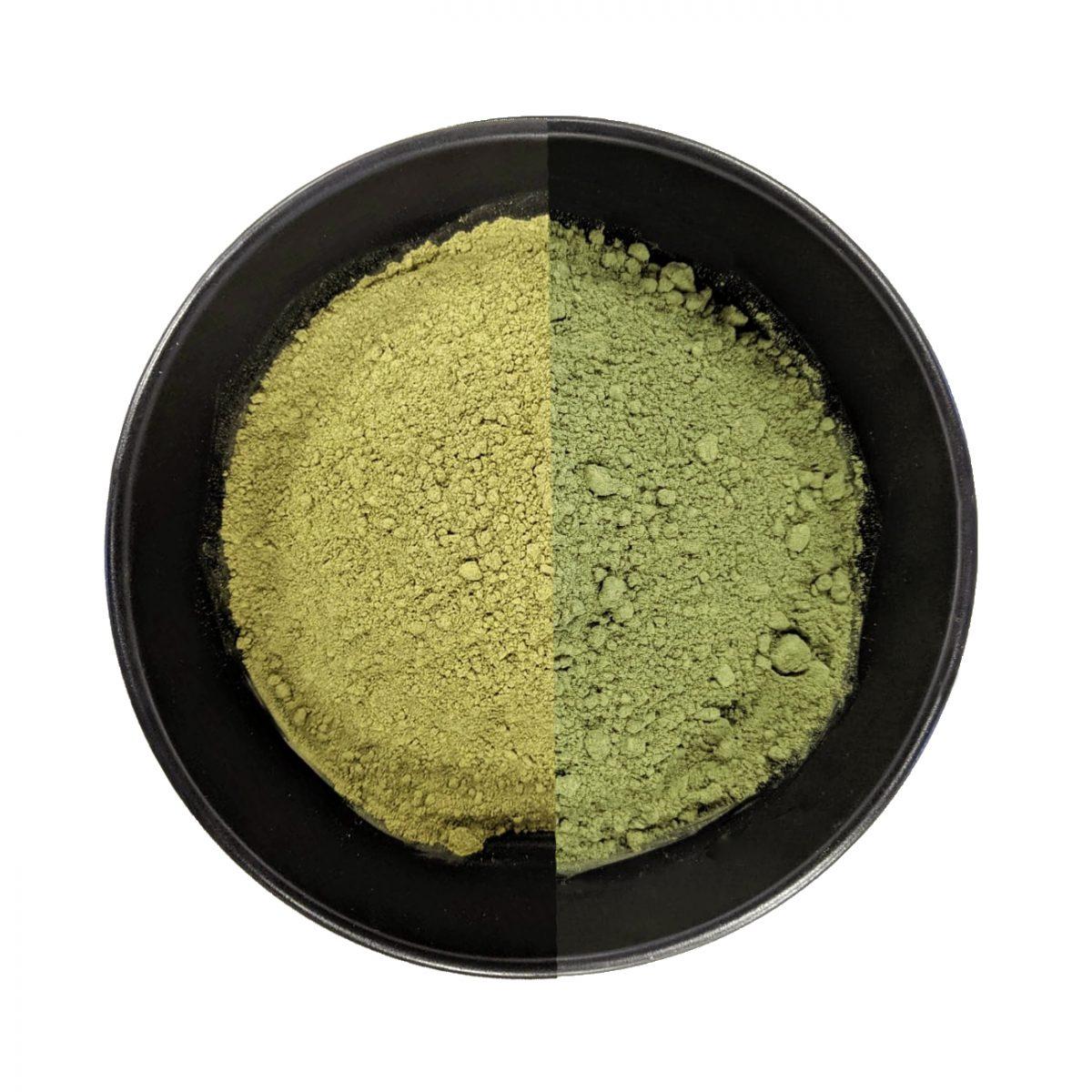 A bowl filled halfway with light green powder on the left side and dark green powder on the right side, creating an Energy Blend.