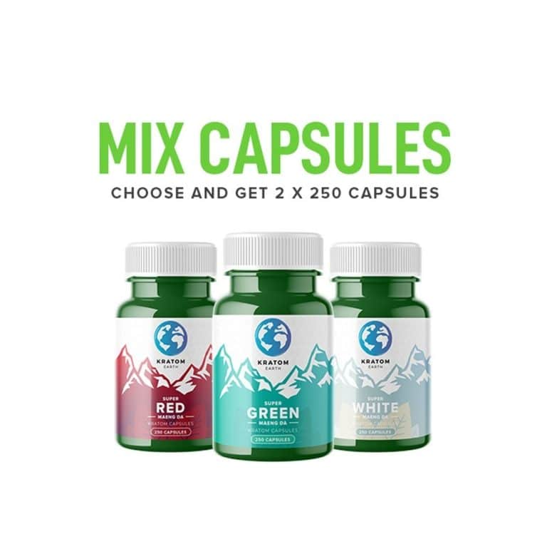 Three bottles labeled "Kratom," each with different text colors: red, green, and white, under bold text "Super Maeng Da Capsules - Mixed 500 Capsules. Now featuring Super Maeng Da Kratom for a total of 500 Capsules!