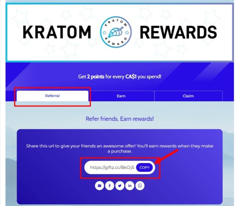 Screenshot of a webpage for Kratom Rewards. It highlights a referral link with options to copy and share on social media.