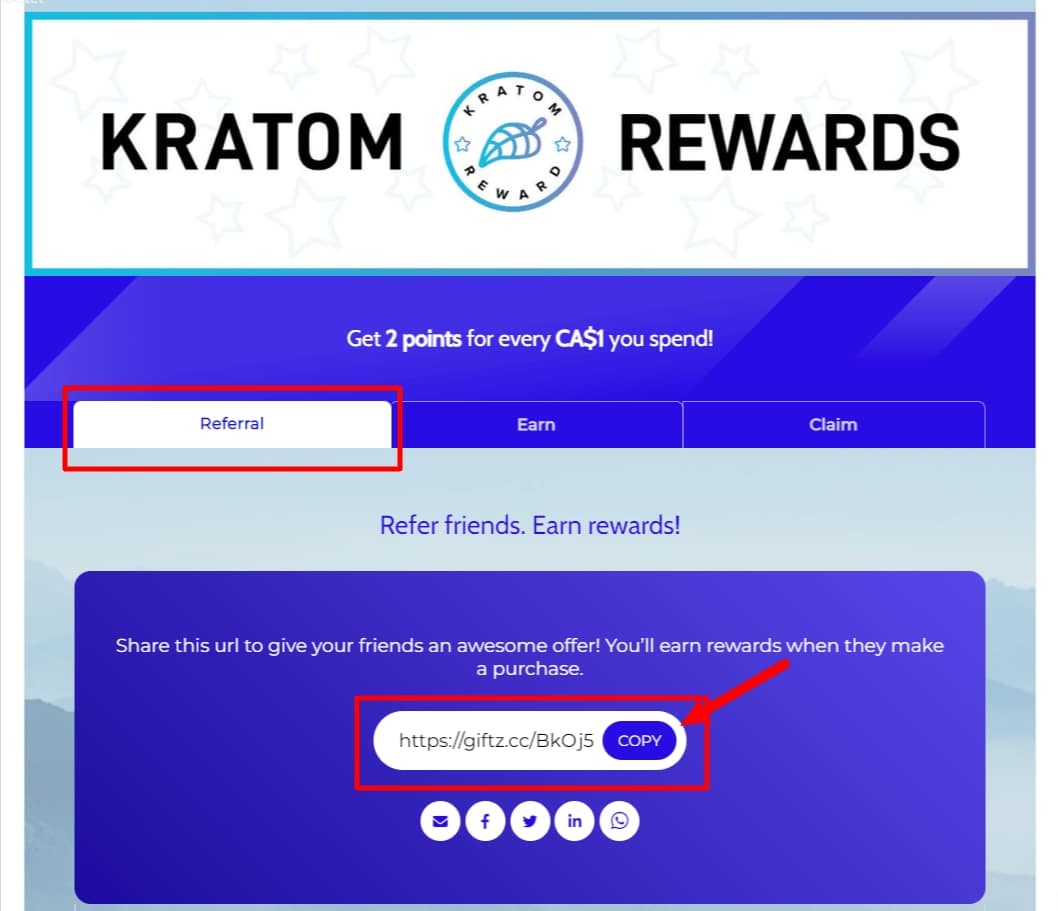 Screenshot of a webpage for Kratom Rewards. It highlights a referral link with options to copy and share on social media.