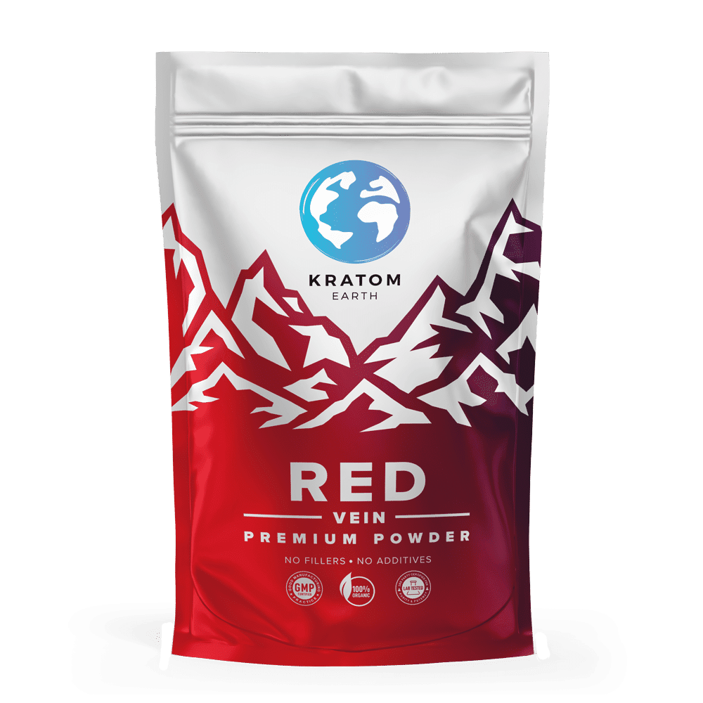 A resealable package labeled "Kratom Earth Red Vein Premium Powder" with mountain graphics, indicating no fillers, no additives, GMP certification, and 100% natural. This strain is renowned for its calming effects that can aid in better sleep.