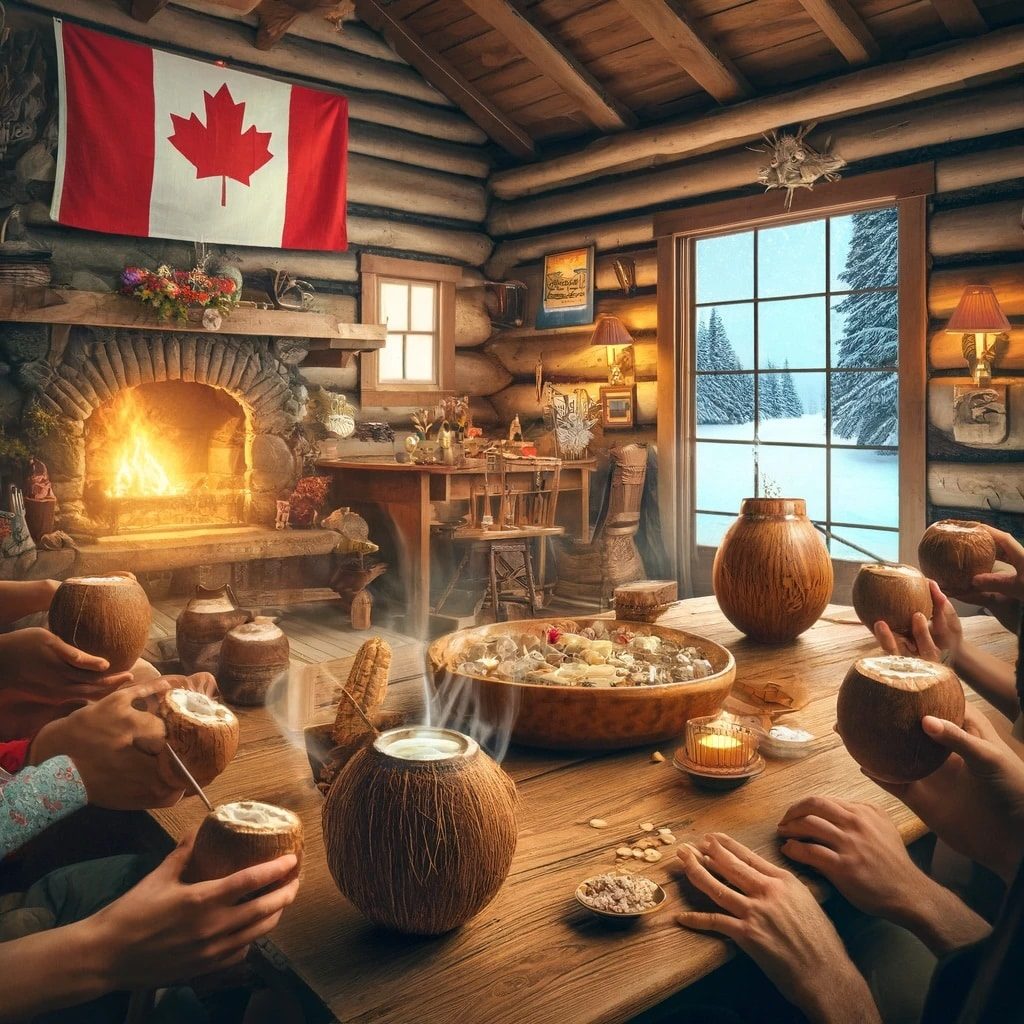 People sitting around a wooden table in a cozy log cabin with a fireplace, enjoying kava served in coconut shells. A snow-covered landscape is visible through the window, and a Canadian flag hangs on the wall.
