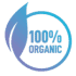 A circular blue logo with a leaf design and the text "100% Organic" inside.