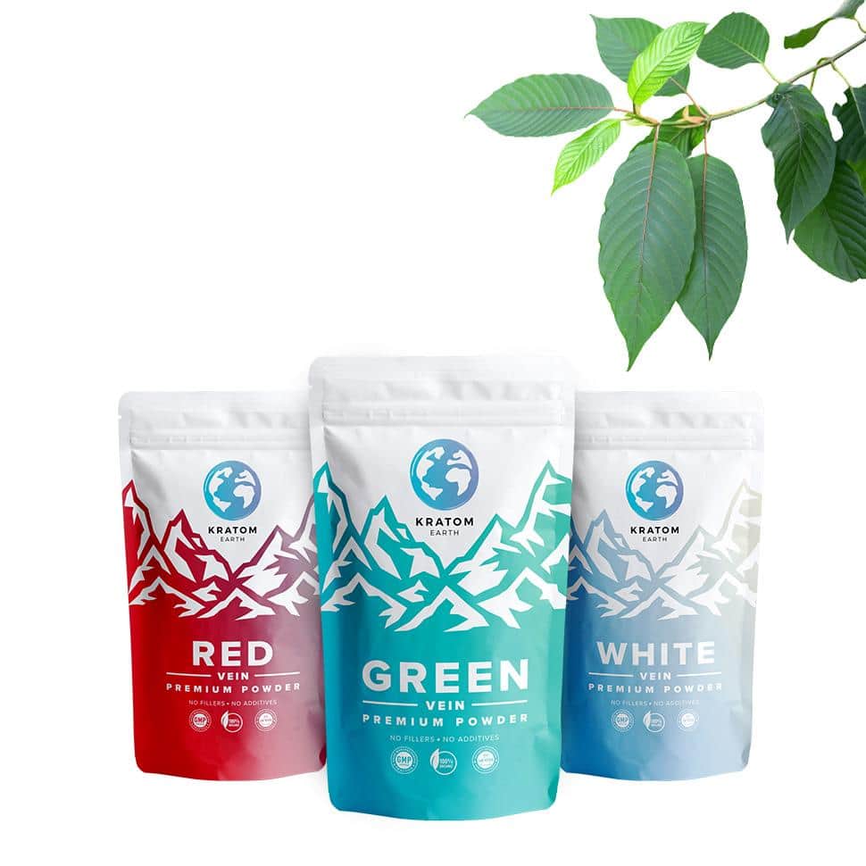 Three standing pouches labeled Red Vein, Green Vein, and White Vein Premium Kratom Powder with a green leaf branch in the top right corner.