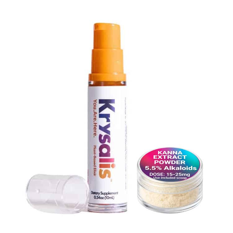 A bottle labeled "Krysalis" with an orange pump and clear cap sits beside a small container labeled "Kanna Extract Powder 5.5% Alkaloids," highlighting the natural Kanna benefits in each product.