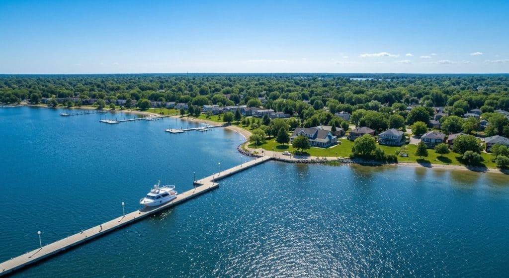 Aerial view of a lakeside town with a long dock, a moored yacht, waterfront houses, and tree-lined streets under a clear blue sky.