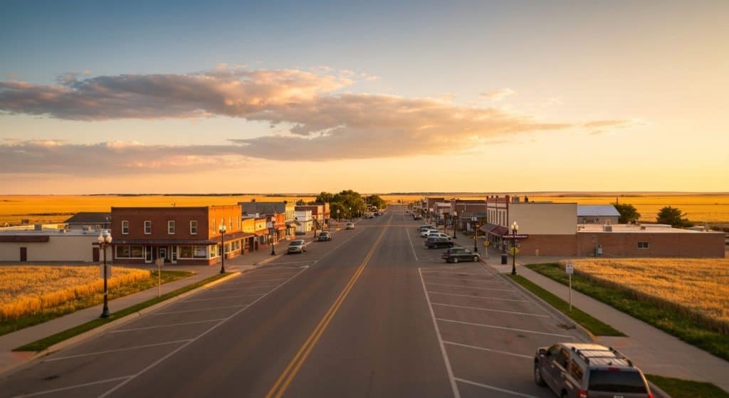 A small town main street with parked cars and brick buildings on both sides, surrounded by open fields under a sunset sky.
