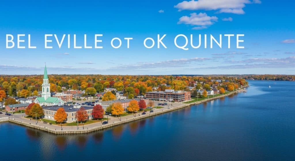 Aerial view of a waterfront town with autumn trees, historic buildings, and large white text reading "BEL EVILLE ot OK QUINTE" across the sky.