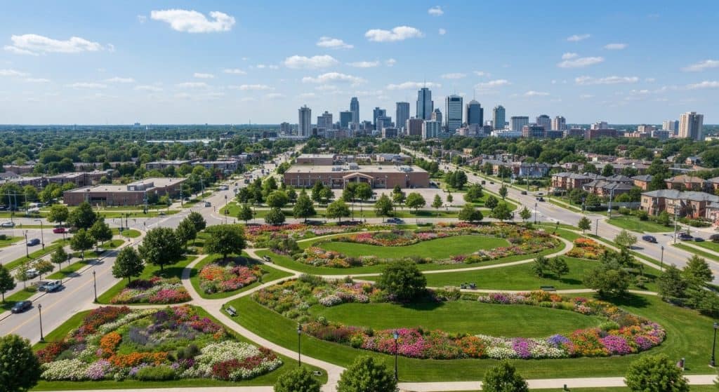 Aerial view of a city skyline in the background with a large, circular, landscaped park and flower gardens in the foreground on a sunny day.