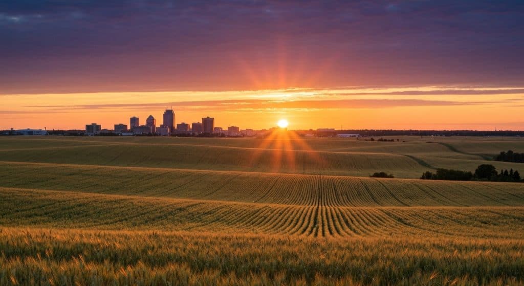 Sunrise over a city skyline with tall buildings, viewed from a field of crops with neat rows under a partly cloudy sky.