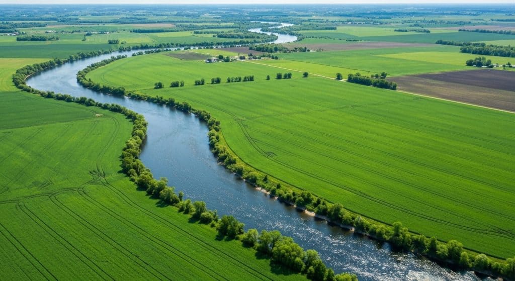 A winding river flows through green farmland and fields under a clear blue sky, with scattered trees and distant farm buildings visible.