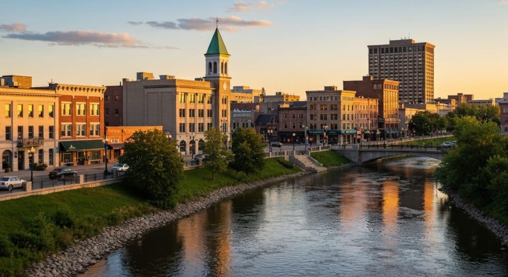 A river runs through a city at sunset, with buildings, trees, and a church steeple along the waterfront and a bridge crossing the water.