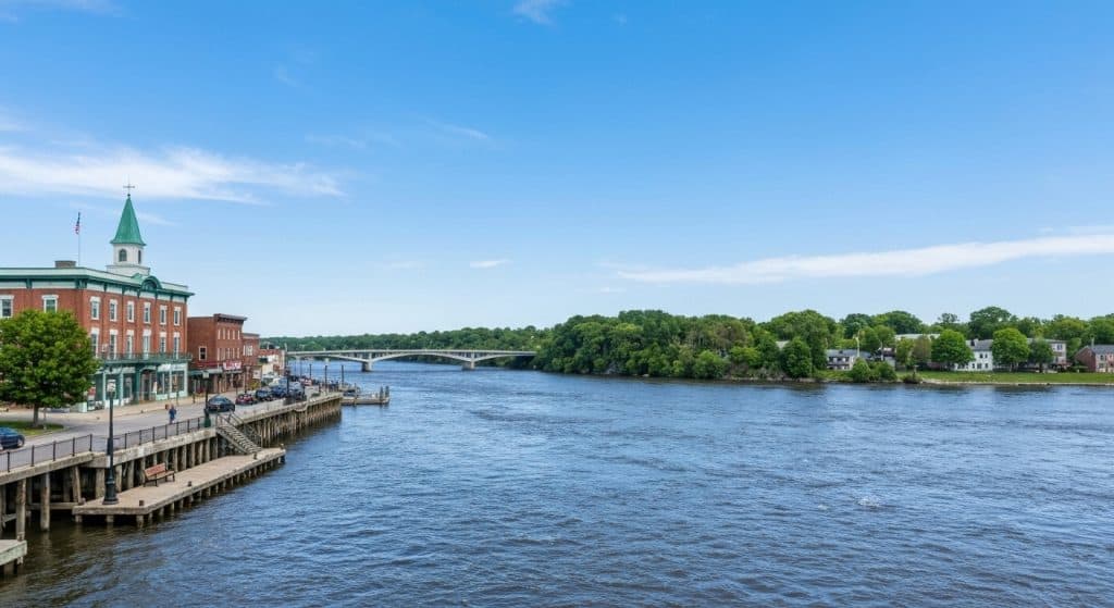 A wide river flows past brick buildings and a riverside street, with a bridge and tree-lined shoreline visible under a clear blue sky.