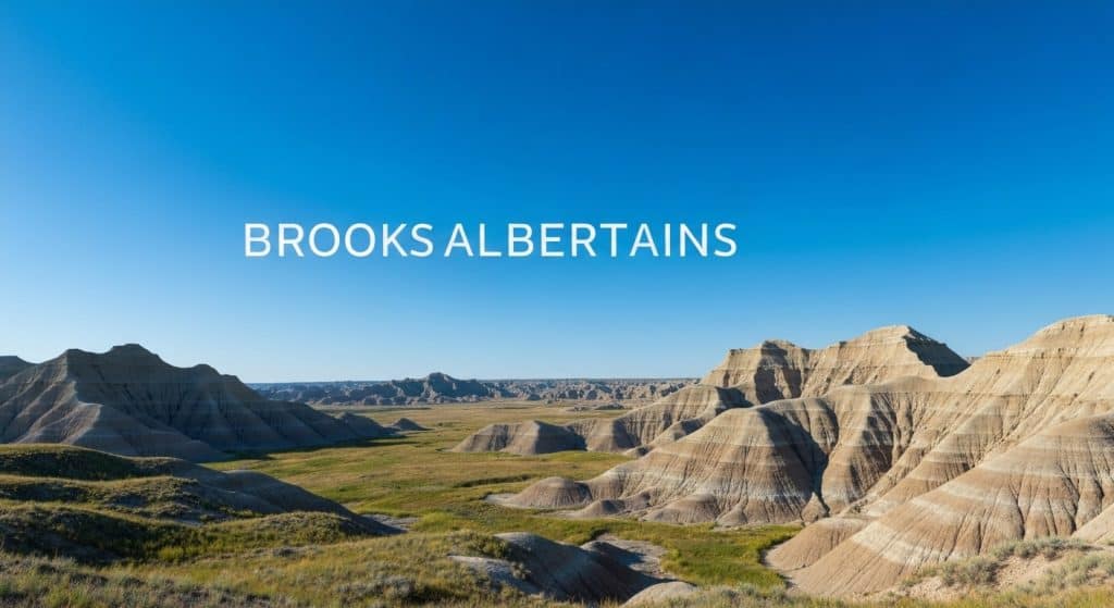 Eroded rock formations and grassy valleys under a clear blue sky, with the text "BROOKS ALBERTAINS" overlaid.