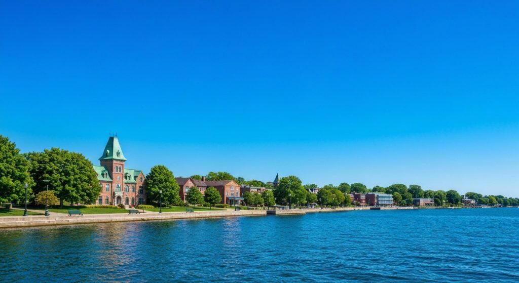 A row of historic buildings and trees lines a waterfront under a clear blue sky, with calm water in the foreground.