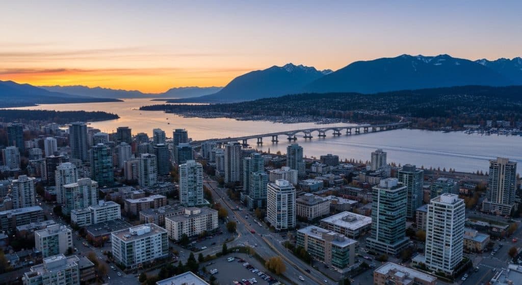 Aerial view of a city with tall buildings, a bridge over water, and mountains in the background at sunset.