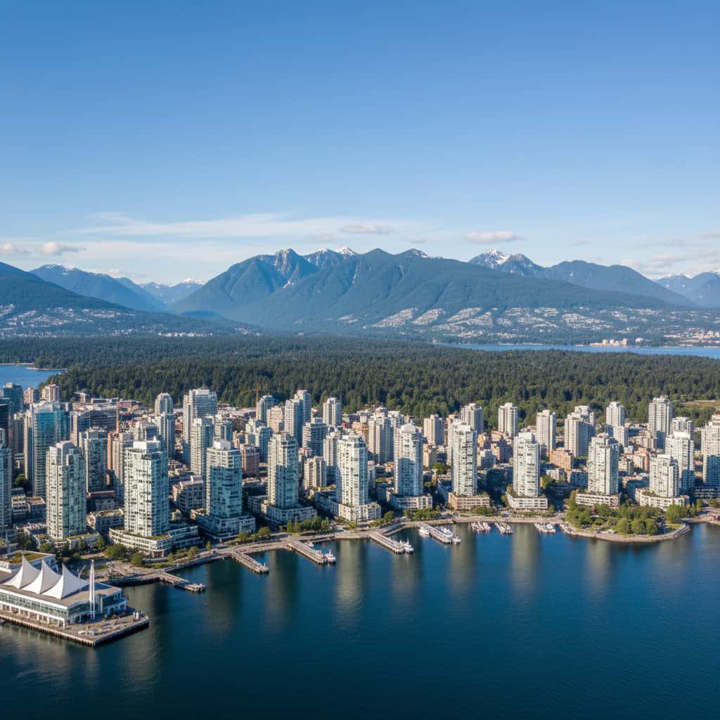 Aerial view of a waterfront cityscape with high-rise buildings, a convention center, and forested mountains in the background under a clear blue sky.