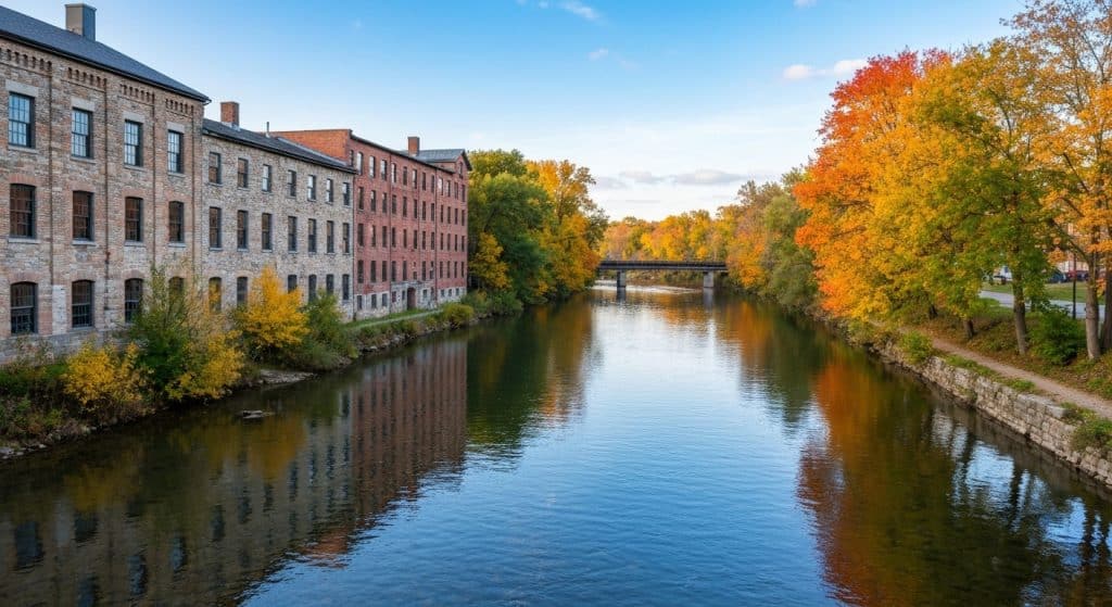 A calm river flanked by old brick buildings on the left and colorful autumn trees on the right, with a bridge in the background under a blue sky.