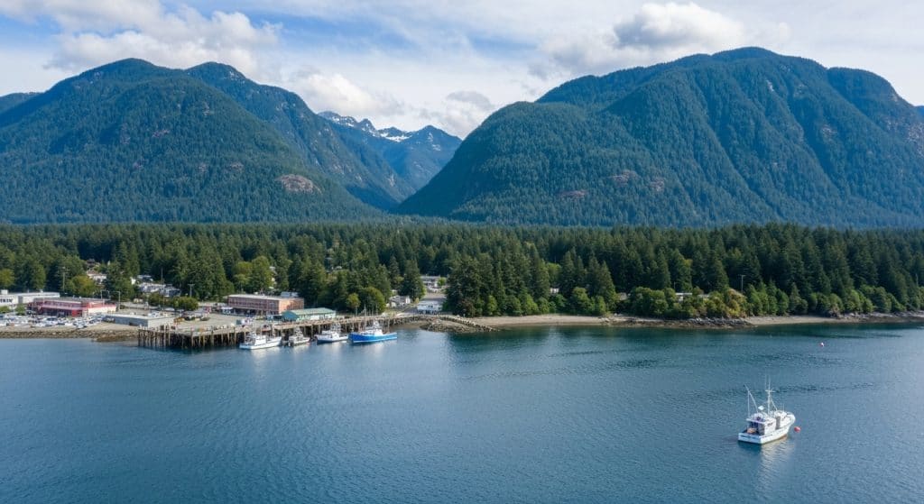 A fishing boat floats near a small harbor with several docked vessels, surrounded by dense forest and large, tree-covered mountains under a partly cloudy sky.
