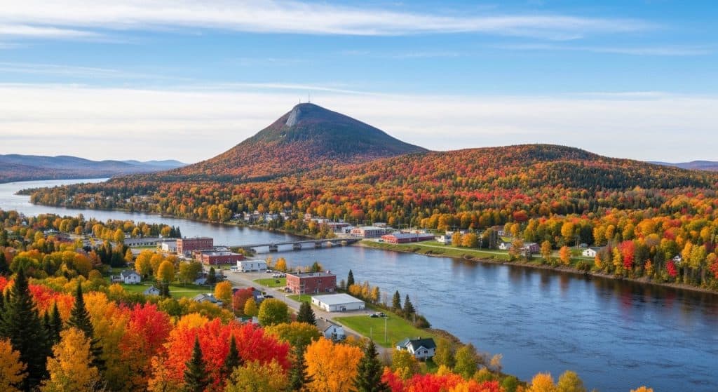 A river runs through a small town with buildings, surrounded by colorful autumn trees and a prominent mountain in the background under a partly cloudy sky.