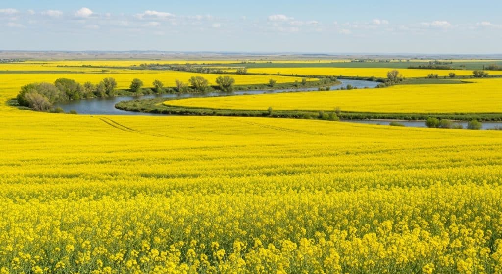 A wide landscape of yellow canola fields with a winding river and trees under a blue sky with scattered clouds.
