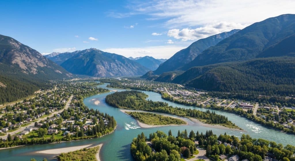 A river curves through a green valley with towns on either side, surrounded by forested mountains under a blue sky with scattered clouds.
