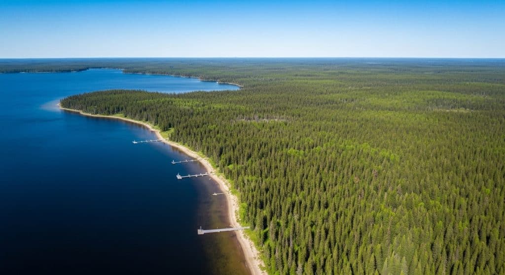 Aerial view of a forested shoreline with several docks extending into a large, calm lake under a clear blue sky.
