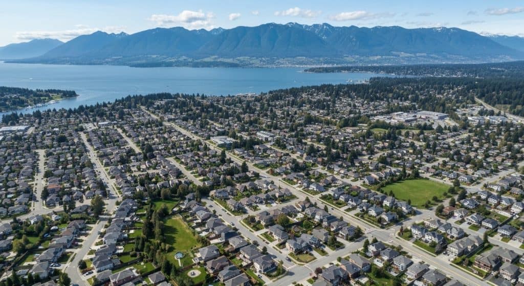 Aerial view of a suburban neighborhood with a grid layout, trees, and houses, bordered by water and mountains in the background under a clear sky.