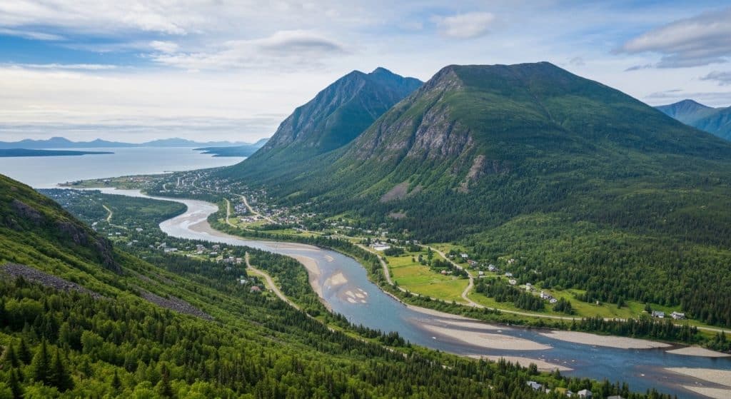 A winding river flows through a green valley with mountains on either side, small towns, and a distant body of water under a cloudy sky.