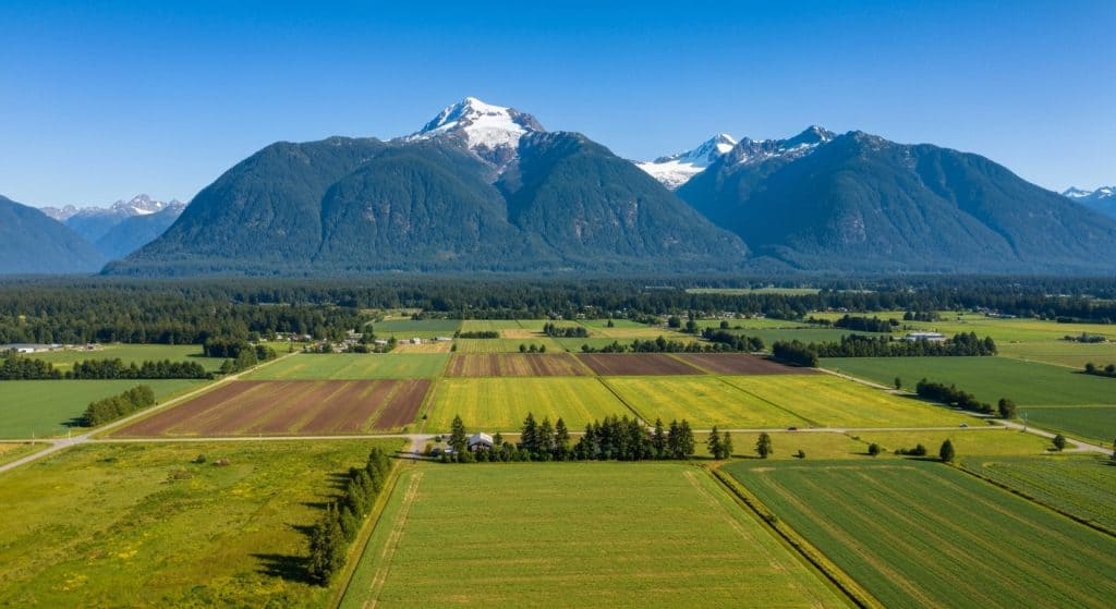 Aerial view of patchwork farmland with green and yellow fields, bordered by forest, and mountains with snow-capped peaks in the background under a clear blue sky.