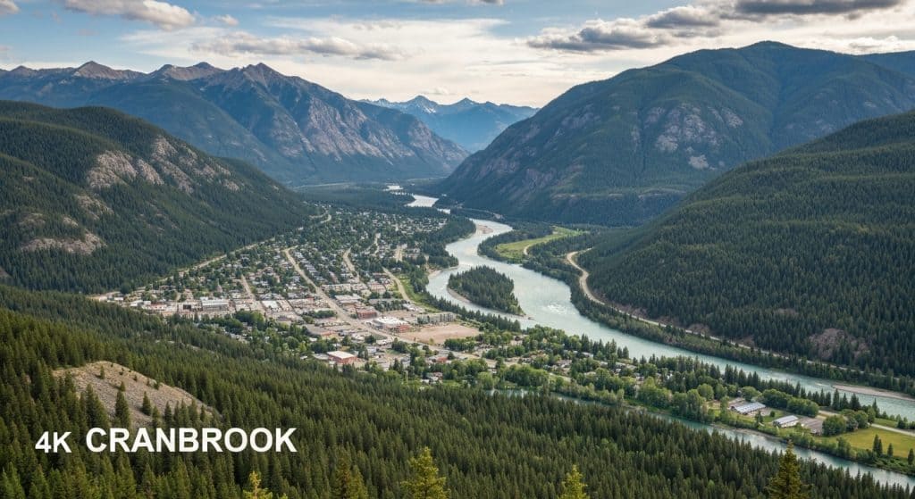 A river winds through a small town surrounded by forested mountains under a partly cloudy sky, with "4K Cranbrook" text in the lower left corner.