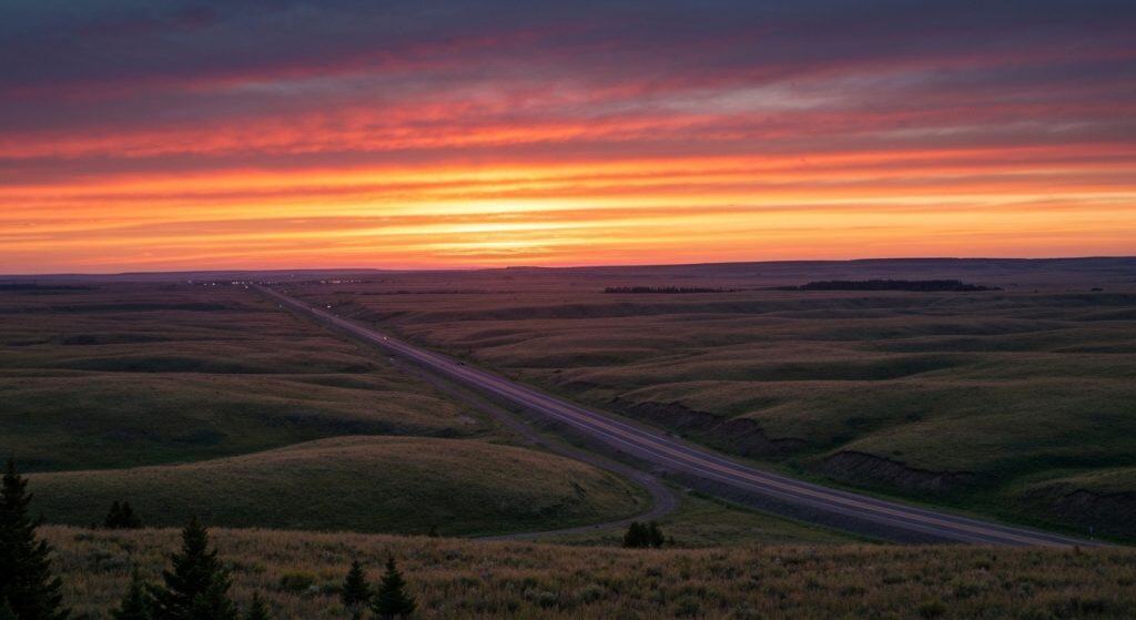 A rural highway stretches through rolling grassy hills under a vibrant orange and purple sunset sky.