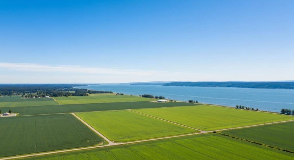 Aerial view of green farmland divided into rectangles next to a large body of water under a clear blue sky.