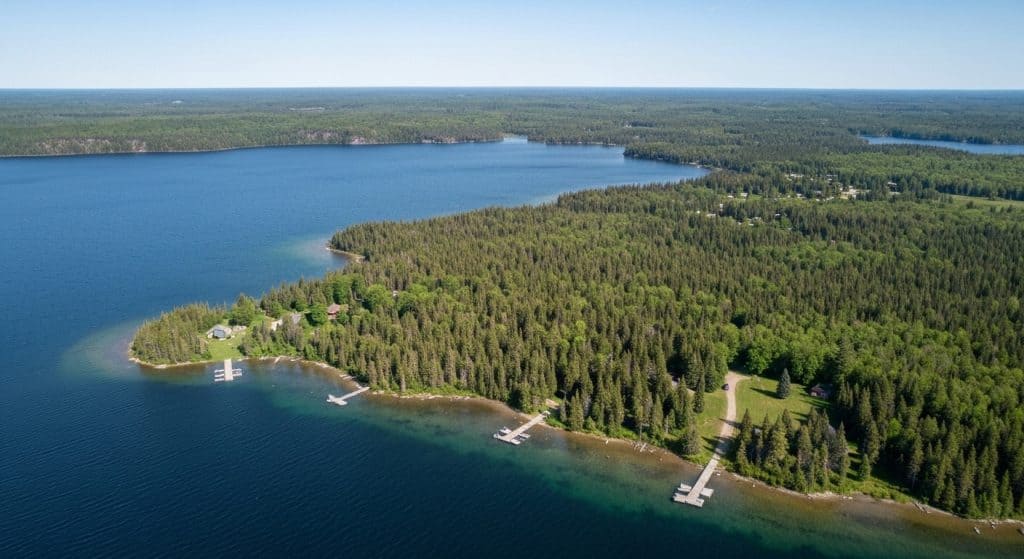 Aerial view of a forested lakeshore with several docks extending into the water and scattered cabins, surrounded by dense green trees under a clear sky.