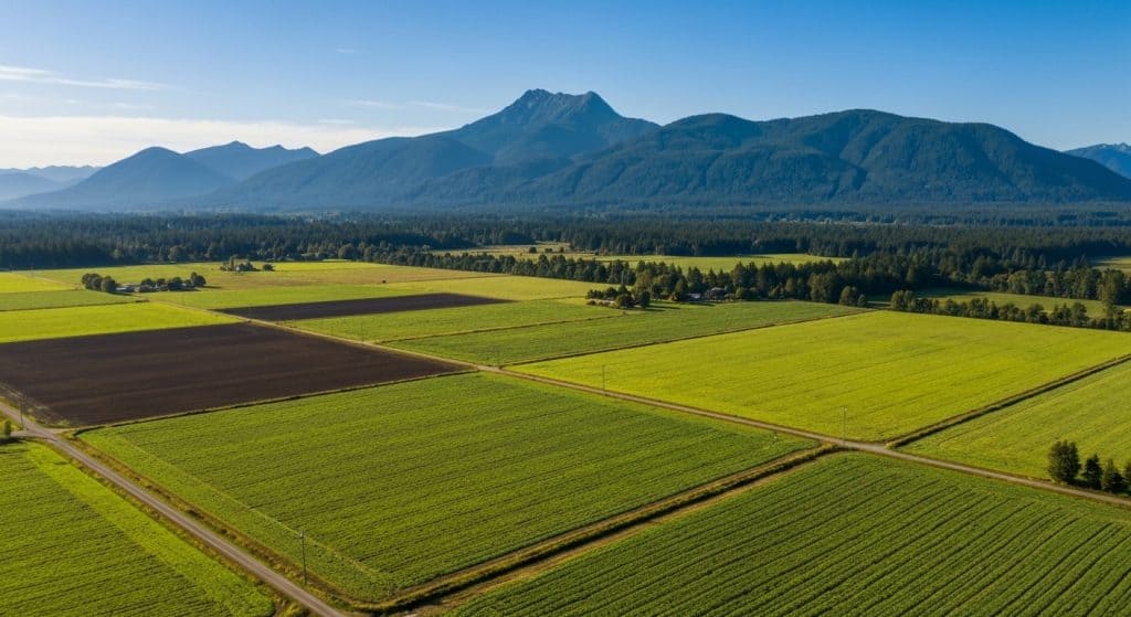 Aerial view of rectangular farmland plots with crops, intersected by dirt roads, with a forest and mountains visible in the background under a clear blue sky.