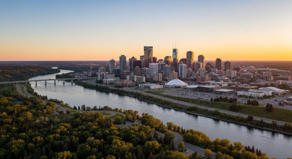 Aerial view of a city skyline at sunset with a river, bridge, and tree-lined banks in the foreground.
