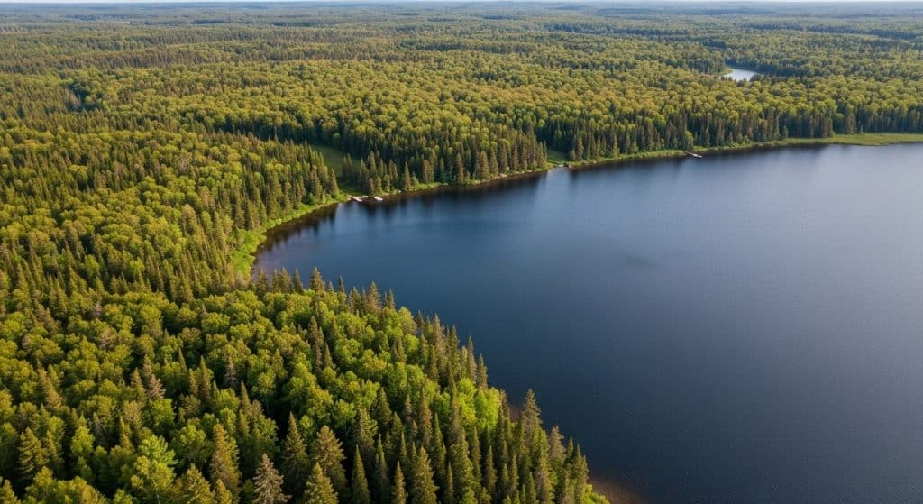 Aerial view of a dense forest bordering a calm lake, with a small dock visible along the shoreline under a clear sky.