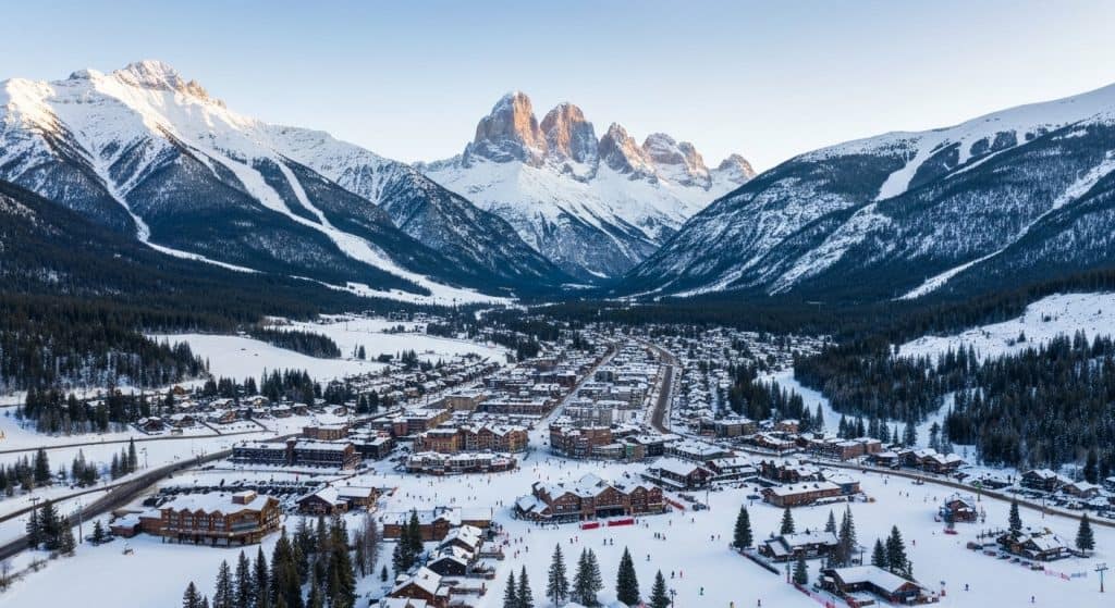 Aerial view of a snow-covered mountain village surrounded by pine forests, with tall mountains in the background under a clear sky.