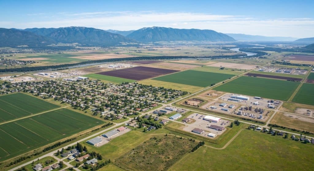 Aerial view of a rural town with residential areas, agricultural fields, commercial buildings, and mountains in the background under a clear sky.