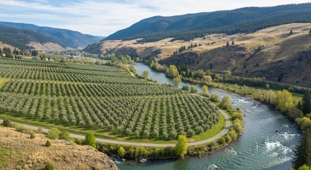 Aerial view of a river curving around a large orchard, with mountains and dry grassland in the background under a partly cloudy sky.