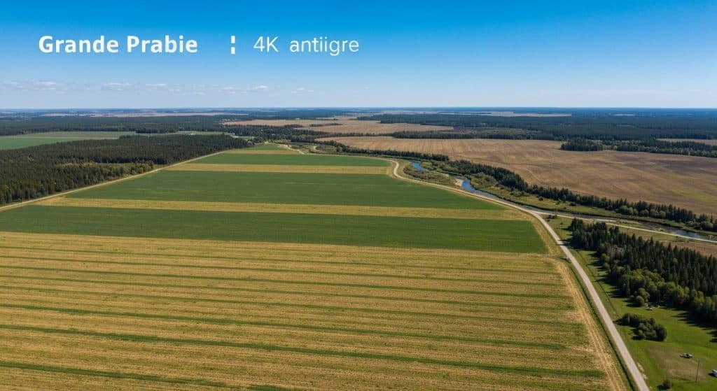 Aerial view of expansive farmland with green fields, patches of trees, and a few scattered roads under a clear blue sky. Text overlay reads "Grande Prabie 4K antigrie.