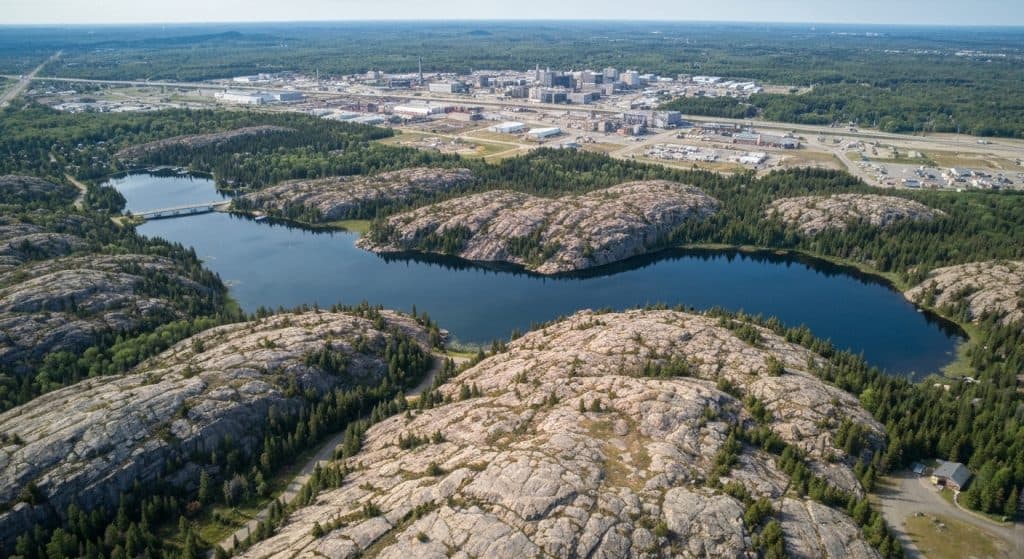 Aerial view of rocky hills, lakes, and forest with an industrial facility and roads in the background under a clear sky.