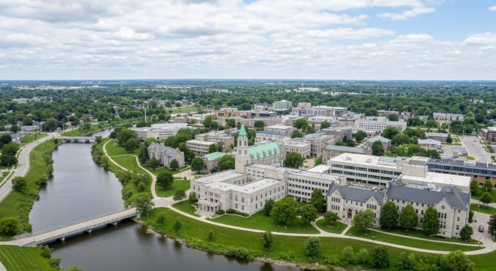 Aerial view of a college campus with historic buildings, green lawns, and a river running alongside, under a partly cloudy sky.
