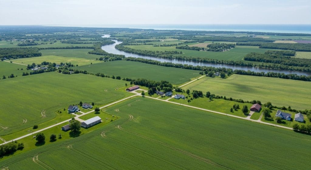 Aerial view of a rural landscape with green fields, scattered houses, a river winding through the area, and a distant horizon under a clear sky.