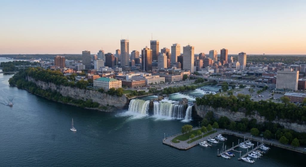 A city skyline with tall buildings sits behind a river with waterfalls flowing into a marina, surrounded by trees, at sunset.