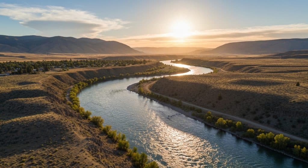 A river curves through a dry, rolling landscape at sunset, with mountains in the background and a line of trees along the riverbank.