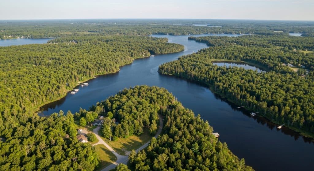 Aerial view of a winding lake surrounded by dense forest, with houses and docks along the shoreline under a clear sky.