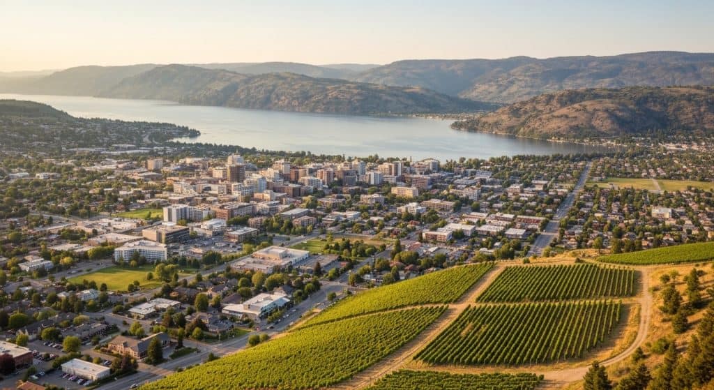 Aerial view of a city by a lake, with rows of crops in the foreground and forested hills in the background under a clear sky.